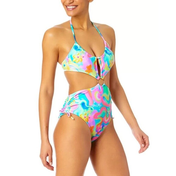 Salt + Cove Juniors' Ring-Waist Printed halter-neck Monokini Multicolor S - Picture 2 of 9